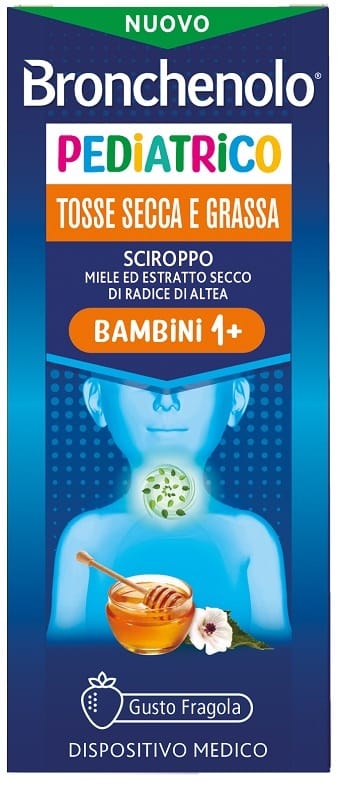 SCIROPPO BRONCHENOLO PEDIATRICO TOSSE SECCA E GRASSA DA 1 ANNO IN SU 120 ML GUSTO FRAGOLA SENZA COLORANTI ARTIFICIALI, SENZA ALCOL, SENZA OGM