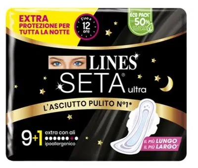 LINES SETA ULTRA ASSORBENTI EXTRA NOTTE CARRY PACK PACCO SINGOLO 9+1 PEZZI LINES SETA ULTRA ASSORBENTI EXTRA NOTTE CARRY PACK PACCO SINGOLO 9+1 PEZZI