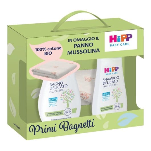 HIPP COFANETTO PRIMI BAGNETTI MUSSOLINA 1 BABY CARE BAGNO DELICATO 350 ML + 1 BABY CARE SHAMPOO DELICATO 200 ML + 1 PANNO MUSSOLINA