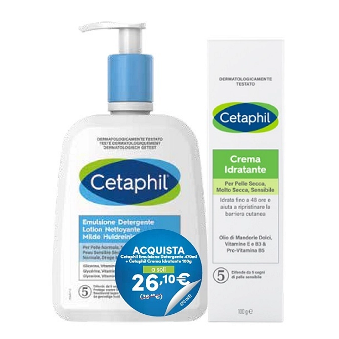 Cetaphil Bipack Emulsione Detergente 470 Ml + Crema Idratante 100 G