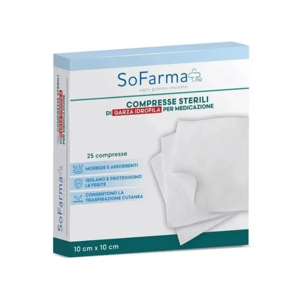 GARZA COMPRESSA IN COTONE 10X10 CM 25 PEZZI SOFARMAPIU'