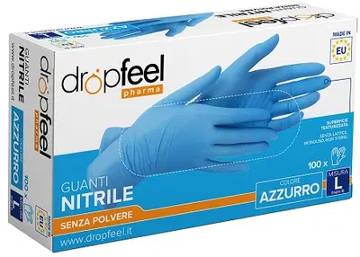 GUANTO IN NITRILE DROPFEEL SENZA POLVERE AZZURRO TAGLIA L 100 PEZZI GUANTO IN NITRILE DROPFEEL SENZA POLVERE AZZURRO TAGLIA L 100 PEZZI
