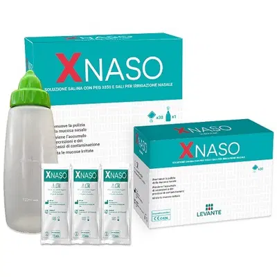 SOLUZIONE SALINA CON PEG 3350 E SALI PER IRRIGAZIONE NASALE XNASO 30 BUSTINE + 1 EROGATORE SOLUZIONE SALINA CON PEG 3350 E SALI PER IRRIGAZIONE NASALE XNASO 30 BUSTINE + 1 EROGATORE