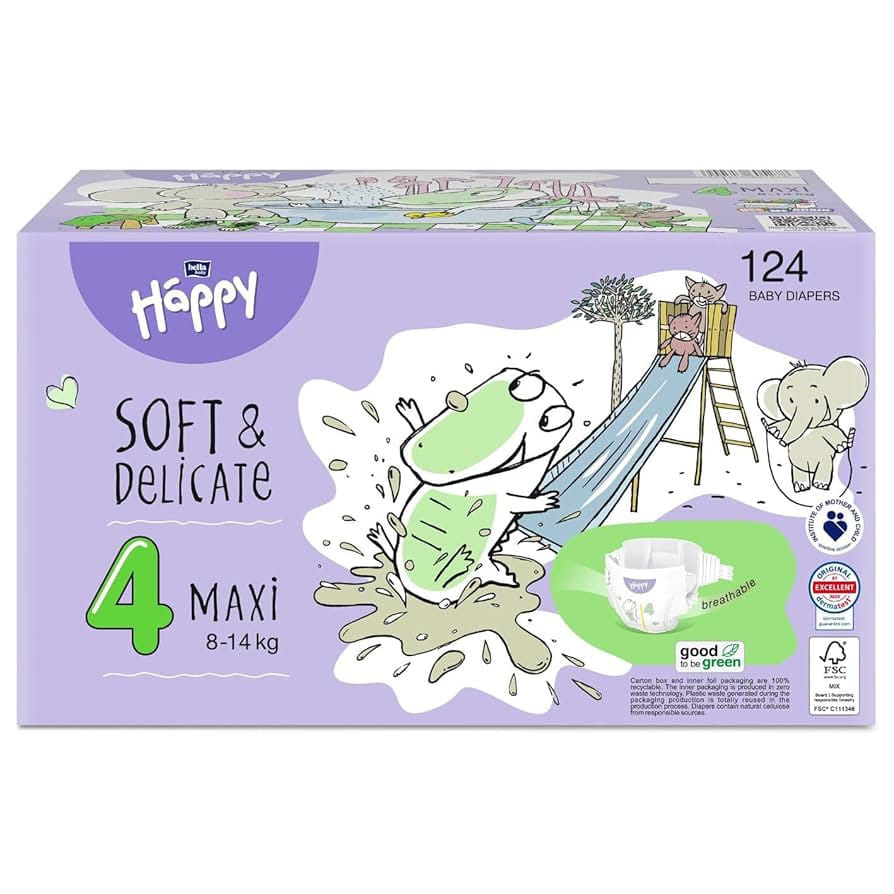 HAPPY PANNOLINI 8-14 KG MAXI TAGLIA 4 BOX COLORATI 124 PEZZI
