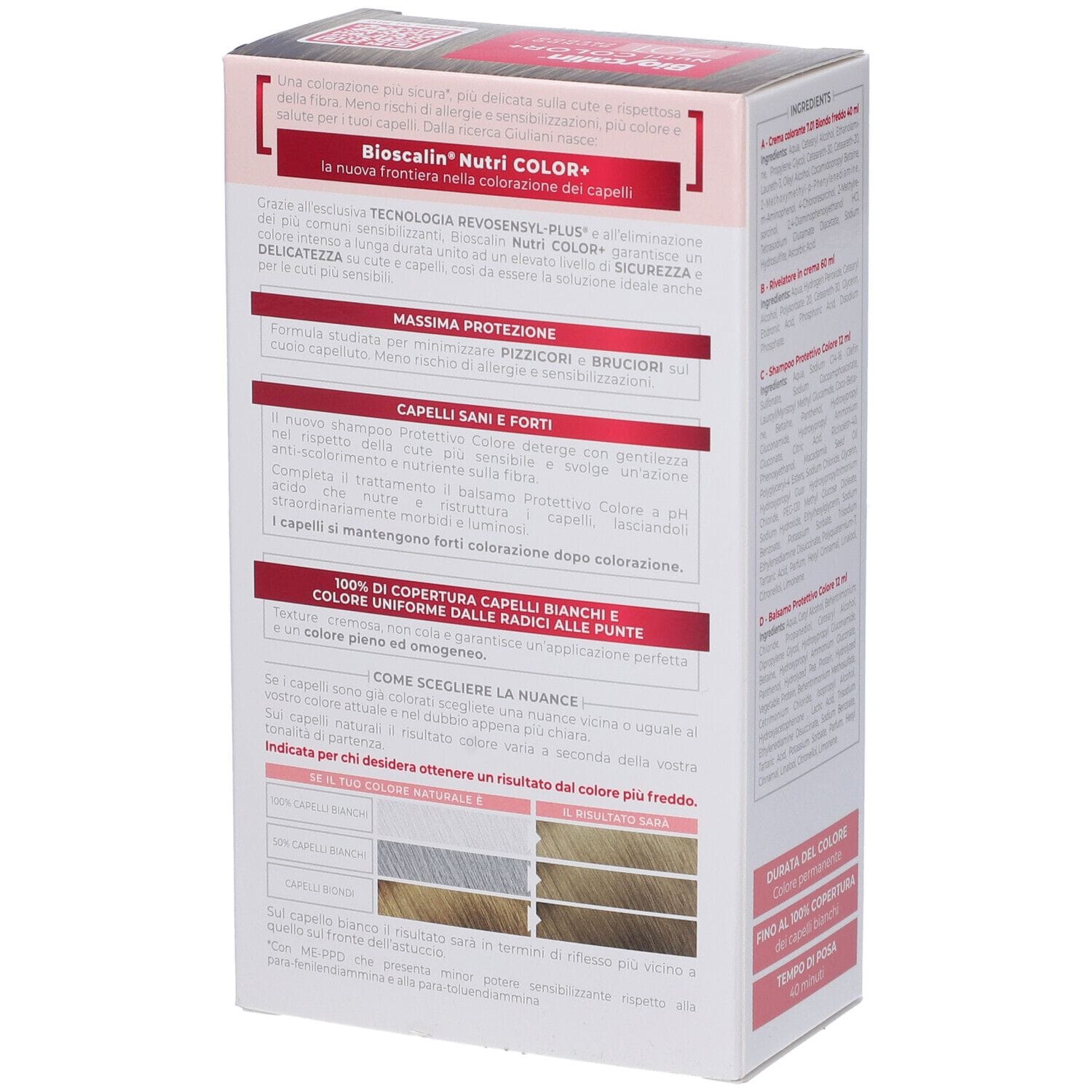 BIOSCALIN NUTRI COLOR+ 7,01 BIONDO FREDDO CREMA COLORANTE 40 ML + RIVELATORE CREMA 60 ML + SHAMPOO 12 ML + BALSAMO 12 ML + GUANTI USA E GETTA