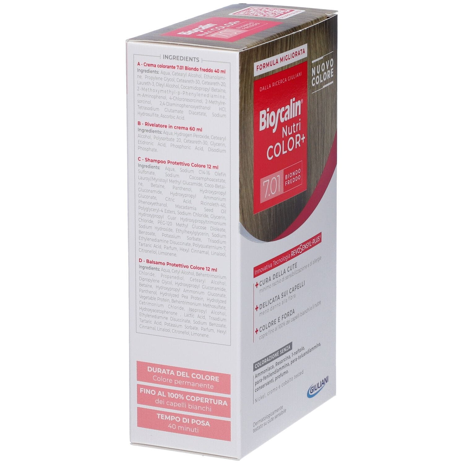 BIOSCALIN NUTRI COLOR+ 7,01 BIONDO FREDDO CREMA COLORANTE 40 ML + RIVELATORE CREMA 60 ML + SHAMPOO 12 ML + BALSAMO 12 ML + GUANTI USA E GETTA