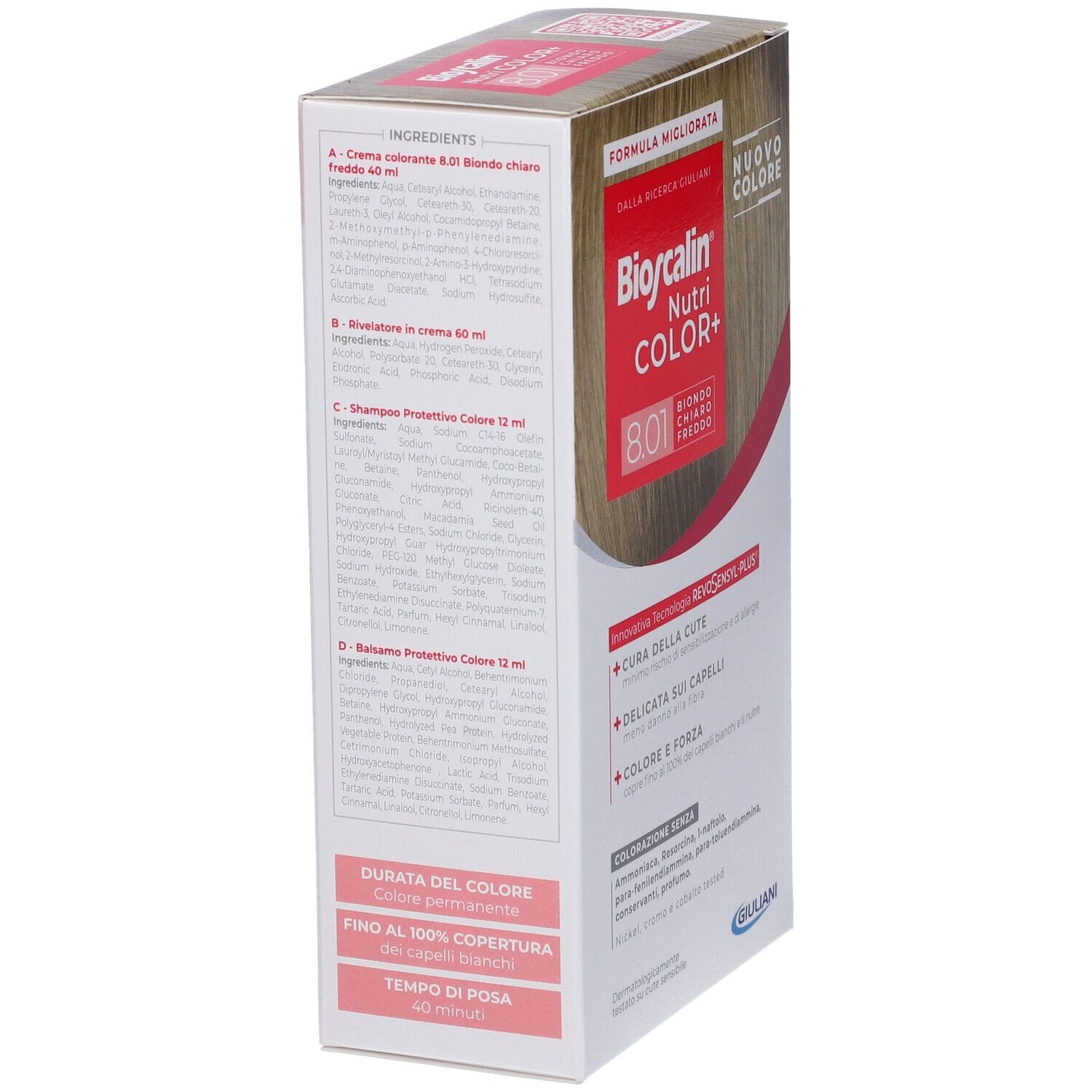 BIOSCALIN NUTRI COLOR+ 8,01 BIONDO CHIARO FREDDO CREMA COLORANTE 40 ML + RIVELATORE CREMA 60 ML + SHAMPOO 12 ML + BALSAMO 12 ML + GUANTI USA E GETTA