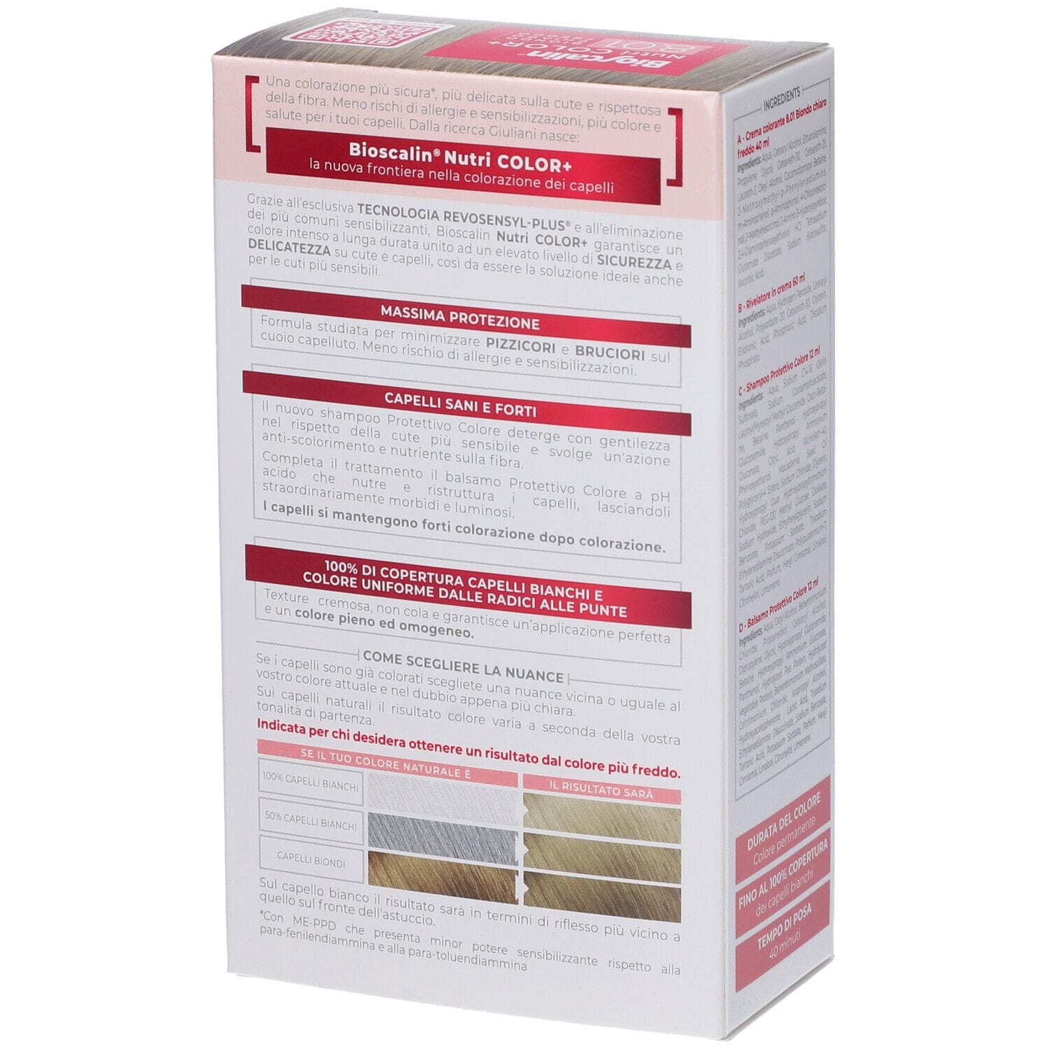 BIOSCALIN NUTRI COLOR+ 8,01 BIONDO CHIARO FREDDO CREMA COLORANTE 40 ML + RIVELATORE CREMA 60 ML + SHAMPOO 12 ML + BALSAMO 12 ML + GUANTI USA E GETTA