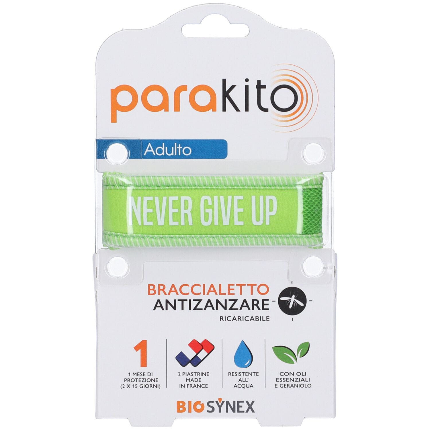 PARAKITO BRACCIALE ANTIZANZARE RICARICABILE ADULTI NEVER GIVE UP VERDE