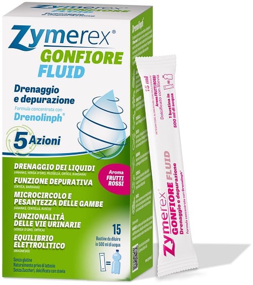 ZYMEREX GONFIORE FLUID FRUTTI ROSSI 15 BUSTINE DA 15 ML CON EDULCORANTI SENZA ZUCCHERI SENZA GLUTINE SENZA LATTOSIO