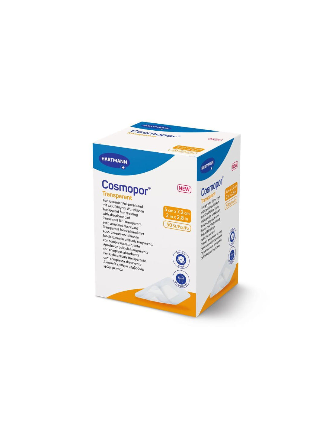 MEDICAZIONE ADESIVA TRASPARENTE IN POLIURETANO CON TAMPONE COSMOPOR TRASPARENT 5X7,2CM 5 PEZZI