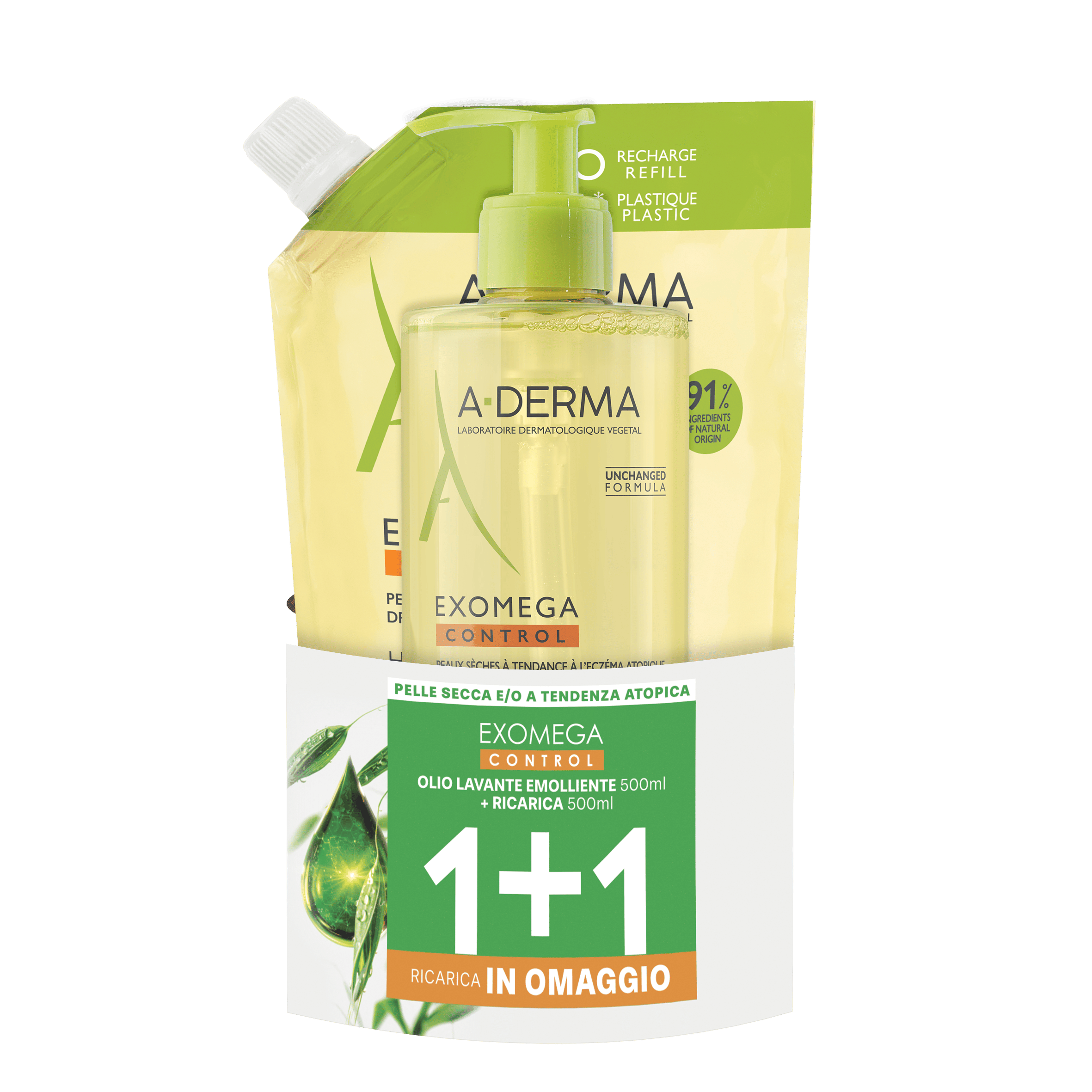 ADERMA EXOMEGA DUO IGIENE ECOPACK 1 RICARICA ADERMA EXOMEGA OLIO 500 ML + 1 ADERMA EXOMEGA CONTROL OLIO 500 ML