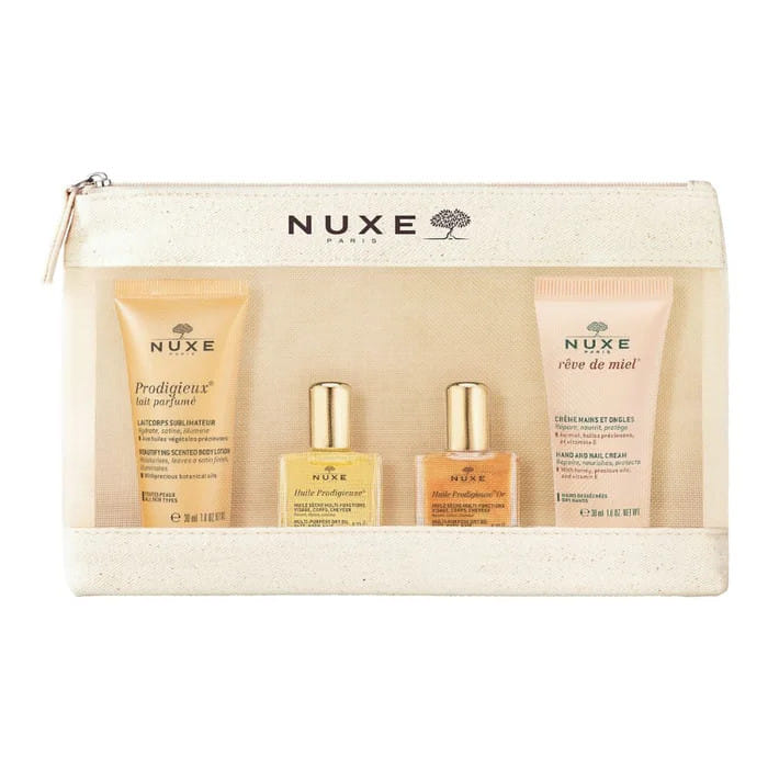 NUXE TROUSSE VOYAGE PRODIGIEUX 2024 SHOWER OIL 30 ML + HUILE PRODIGIEUSE 10 ML + LE PARFUM 15 ML + BODY LOTION 30 ML
