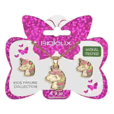 BJS008 PARURE ORECCHINI+COLLANINA SMILING UNICORN GOLD PLATED