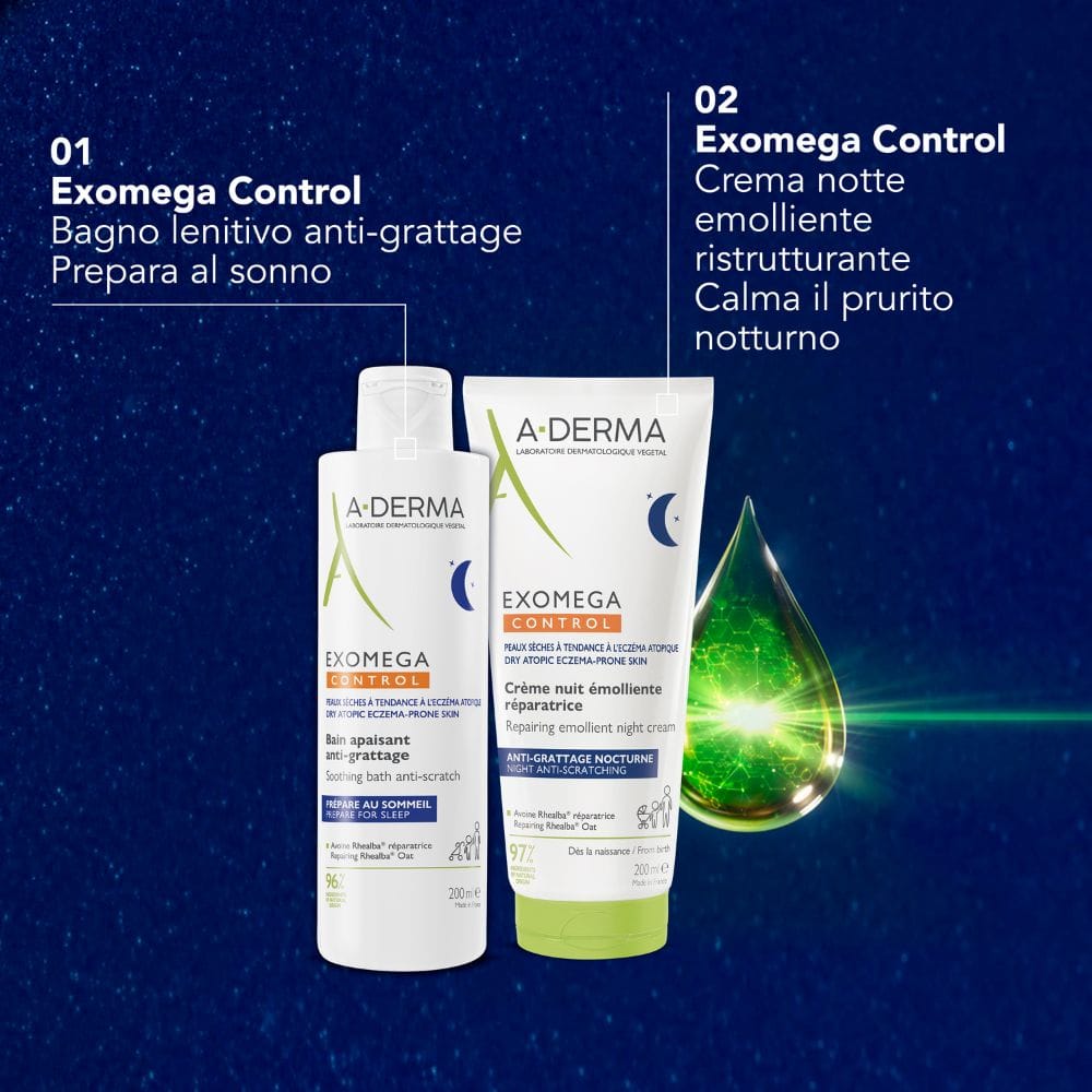 A-Derma Exomega Control Crema Notte emolliente ristrutturante, Lenisce la sensazione di prurito notturno, aiuta a ritrovare il sonno, Pelle secca a tendenza atopica, 200ml 