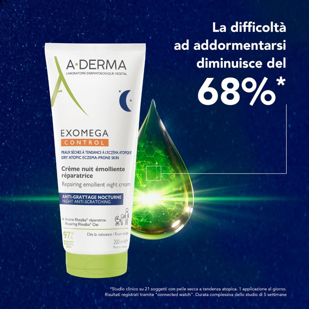 A-Derma Exomega Control Crema Notte emolliente ristrutturante, Lenisce la sensazione di prurito notturno, aiuta a ritrovare il sonno, Pelle secca a tendenza atopica, 200ml 