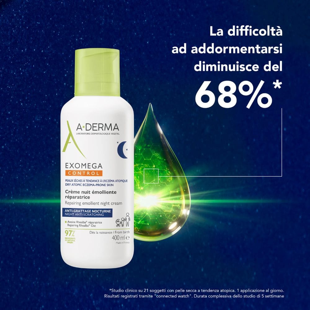 A-Derma Exomega Control Crema Notte emolliente ristrutturante, Lenisce la sensazione di prurito notturno, aiuta a ritrovare il sonno, Pelle secca a tendenza atopica, 400ml 