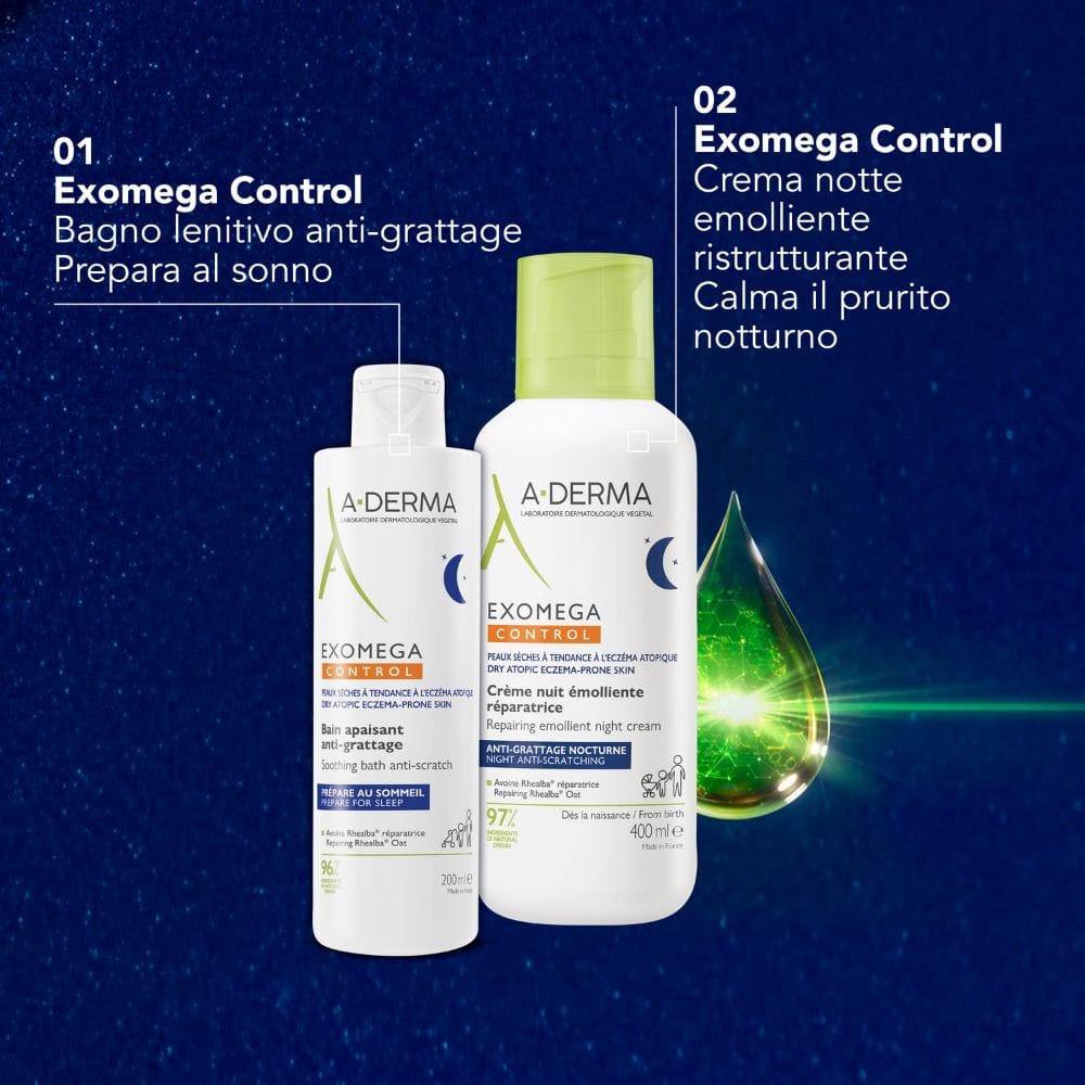 A-Derma Exomega Control Bagno Lenitivo Anti-grattage, Lenisce Immediatamente e dona confort alla sensazione di prurito, per una notte tranquilla, Pelle secca a tendenza atopica, 200ml 