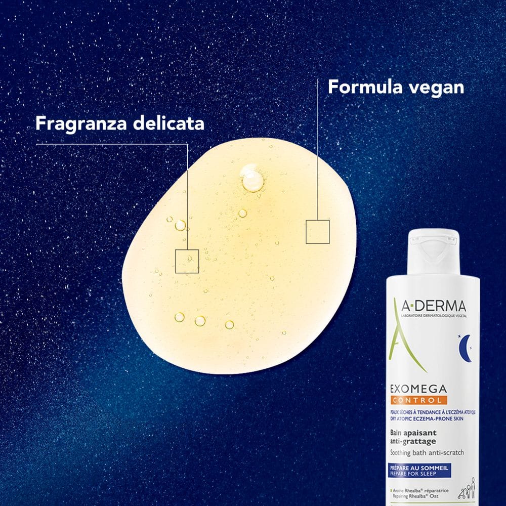 A-Derma Exomega Control Bagno Lenitivo Anti-grattage, Lenisce Immediatamente e dona confort alla sensazione di prurito, per una notte tranquilla, Pelle secca a tendenza atopica, 200ml 