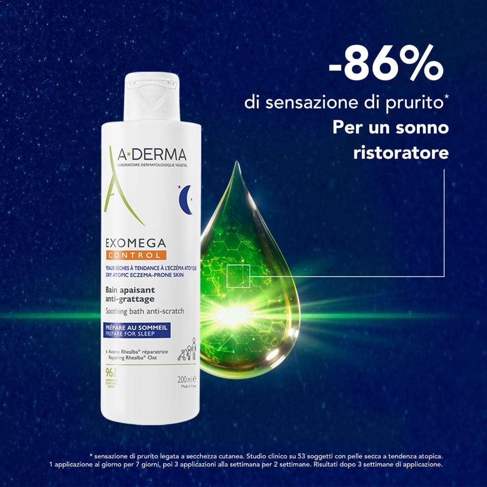 A-Derma Exomega Control Bagno Lenitivo Anti-grattage, Lenisce Immediatamente e dona confort alla sensazione di prurito, per una notte tranquilla, Pelle secca a tendenza atopica, 200ml 