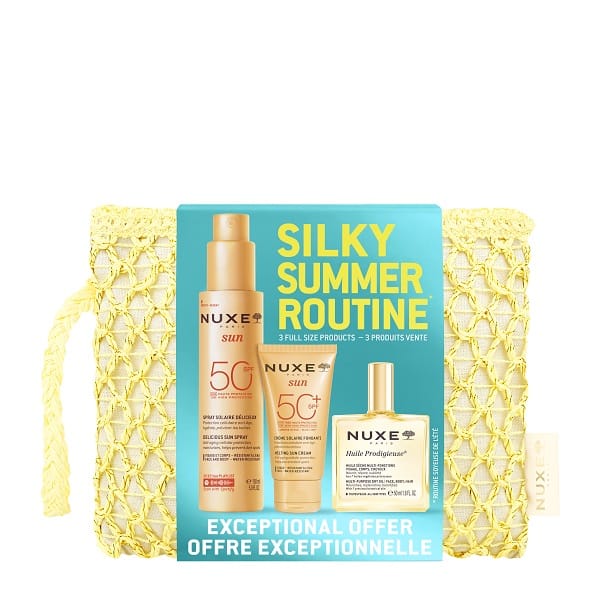 NUXE SILKY SUMMER ROUTINE 2026 1 CREMA VISO SPF50+ 50 ML + 1 SPRAY VISO & CORPO SPF50 150 ML +1 HUILE PRODIGIEUSE SECHE MULTI-FUNCTIONS 50 ML