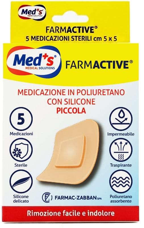 MEDICAZIONE MEDS FARMACTIVE POLIURETANO CON SILICONE CON BORDI PICCOLA 5X5 CM 5 PEZZI