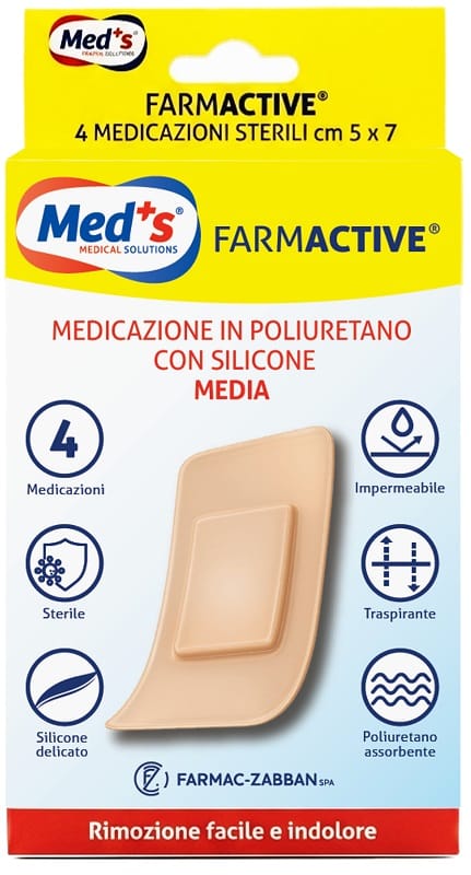 MEDICAZIONE MEDS FARMACTIVE POLIURETANO CON SILICONE CON BORDI MEDIA 5X7 CM 4 PEZZI