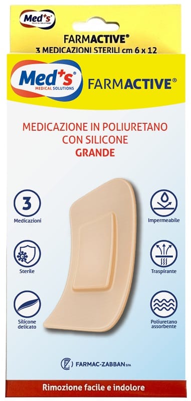MEDICAZIONE MEDS FARMACTIVE POLIURETANO CON SILICONE CON BORDI GRANDE 6X12 CM 3 PEZZI