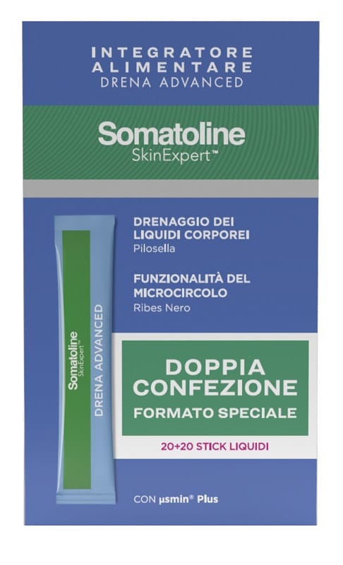 SOMATOLINE SKIN EXPERT DRENA ADVANCED 1 DRENAGGIO LIQUIDI CORPOREI 20 STICK + 1 FUNZIONALITA' DEL MICROCIRCOLO 20 STICK SENZA GLUTINE SENZA LATTOSIO