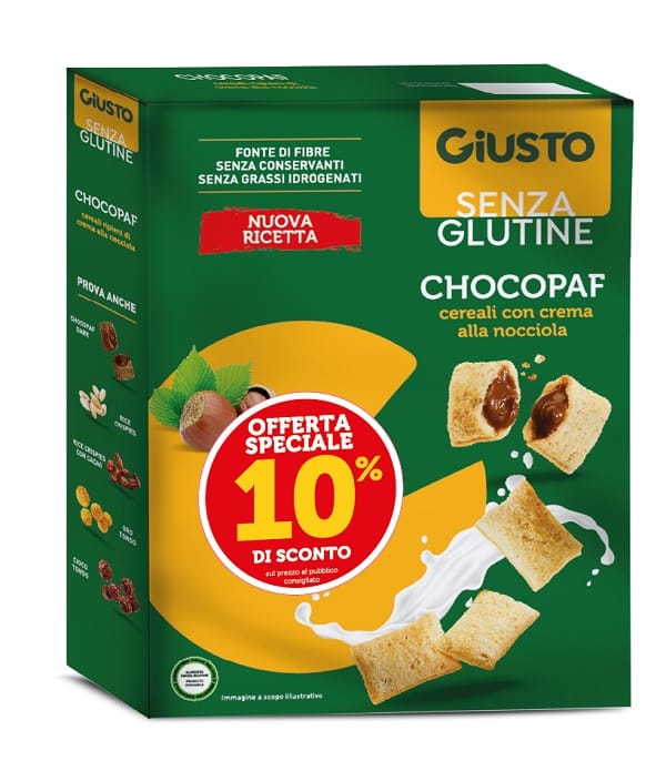 GIUSTO SENZA GLUTINE CHOCOPAF CEREALI CON CREMA ALLA NOCCIOLA 250 G PROMO -10%