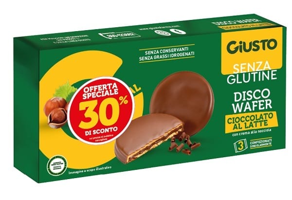 GIUSTO SENZA GLUTINE DISCO WAFER CIOCCOLATO AL LATTE CON CREMA ALLA NOCCIOLA 3 X 24 G PROMO -30%