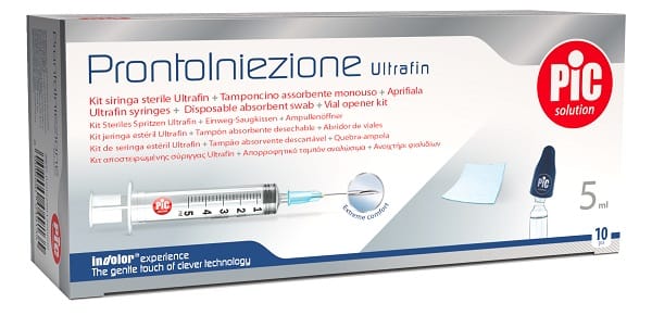 PRONTOINIEZIONE ULTRAFIN KIT SIRINGA STERILE 5 ML GAUGE 23 10 PEZZI + TAMPONCINO ASSORBENTE MONOUSO + APRIFIALA