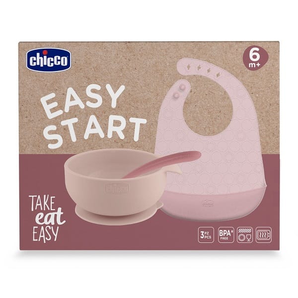 CHICCO EASY START SET PAPPA SILICONE ROSA 6M+
