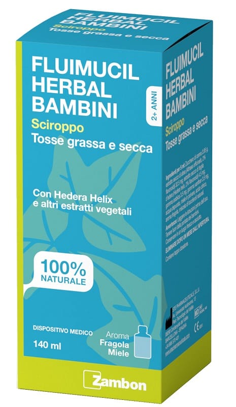 FLUIMUCIL HERBAL BAMBINI SCIROPPO TOSSE GRASSA E SECCA 140 ML AROMA FRAGOLA E MIELE SENZA GLUTINE SENZA LATTOSIO